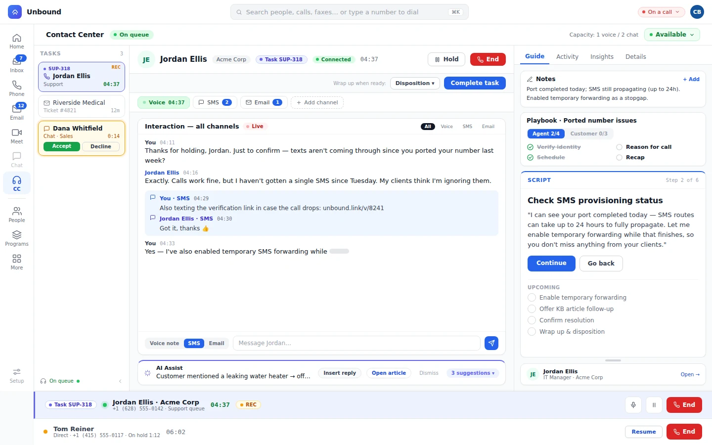 A live task with the conversation across voice, SMS, and email, and the guide on the right
