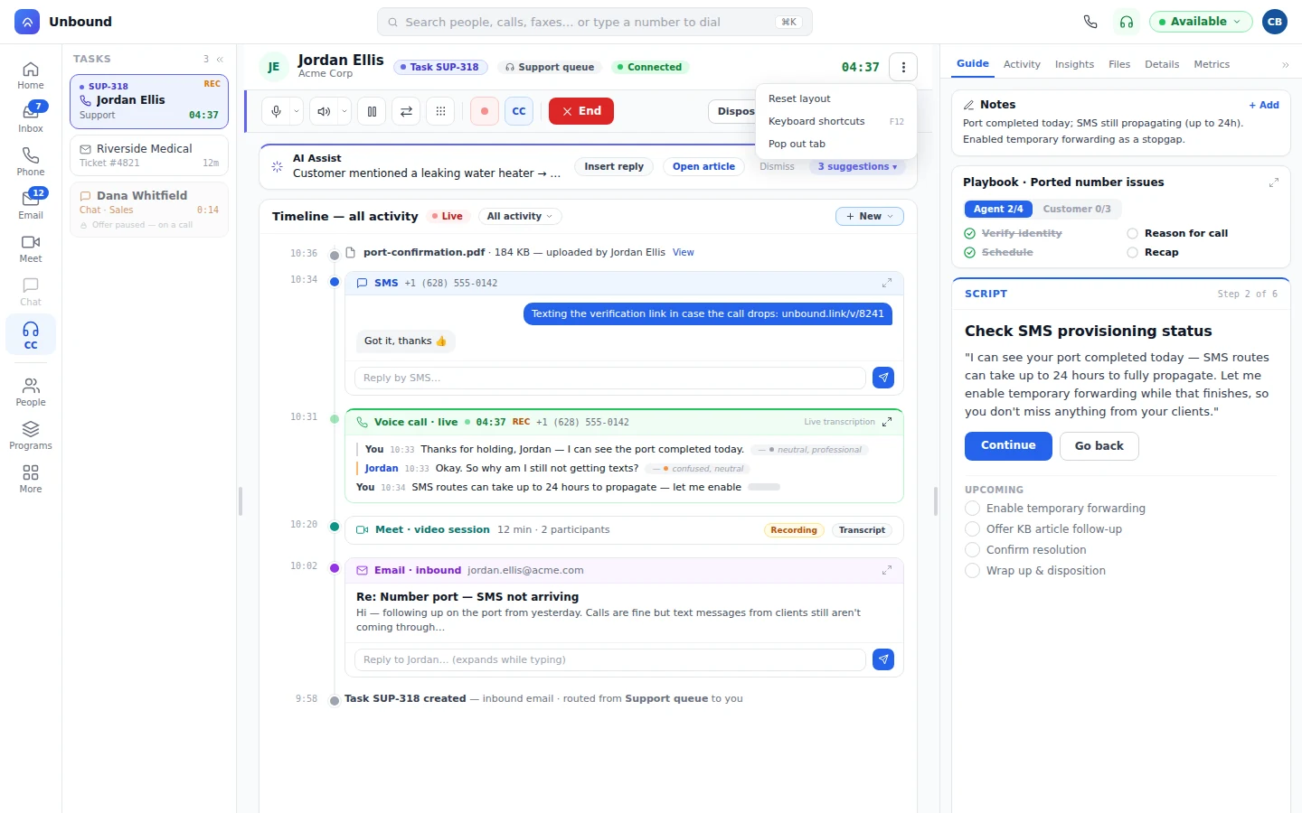 One task timeline with a text thread, a live call, and an email