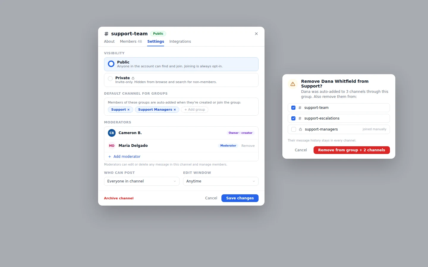 Channel settings: public or private, default channel for groups, moderators, and who can post