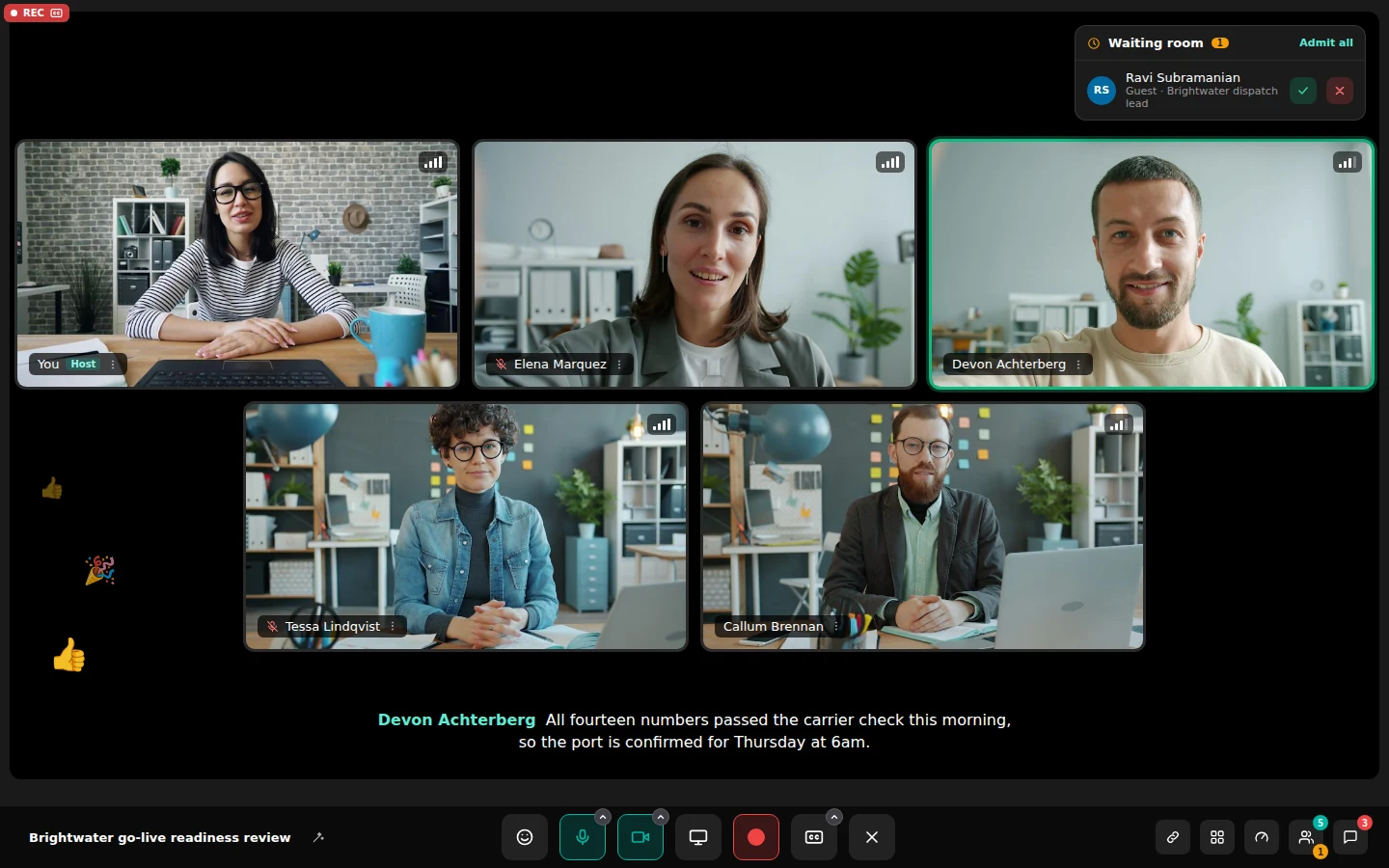 A five-person video meeting with live captions under the tiles
