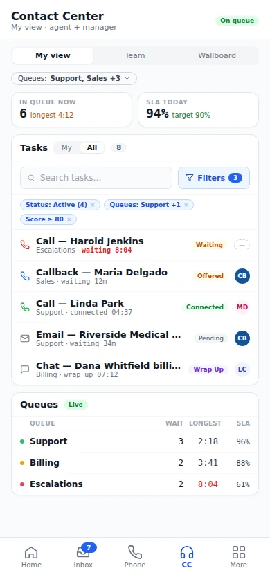 Contact center on a phone with calls, an email, and a chat in one list