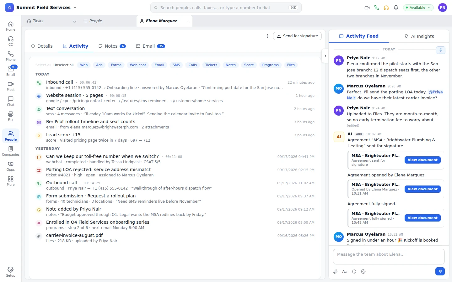 One person's activity timeline with calls, a website session, a lead score, and a form fill