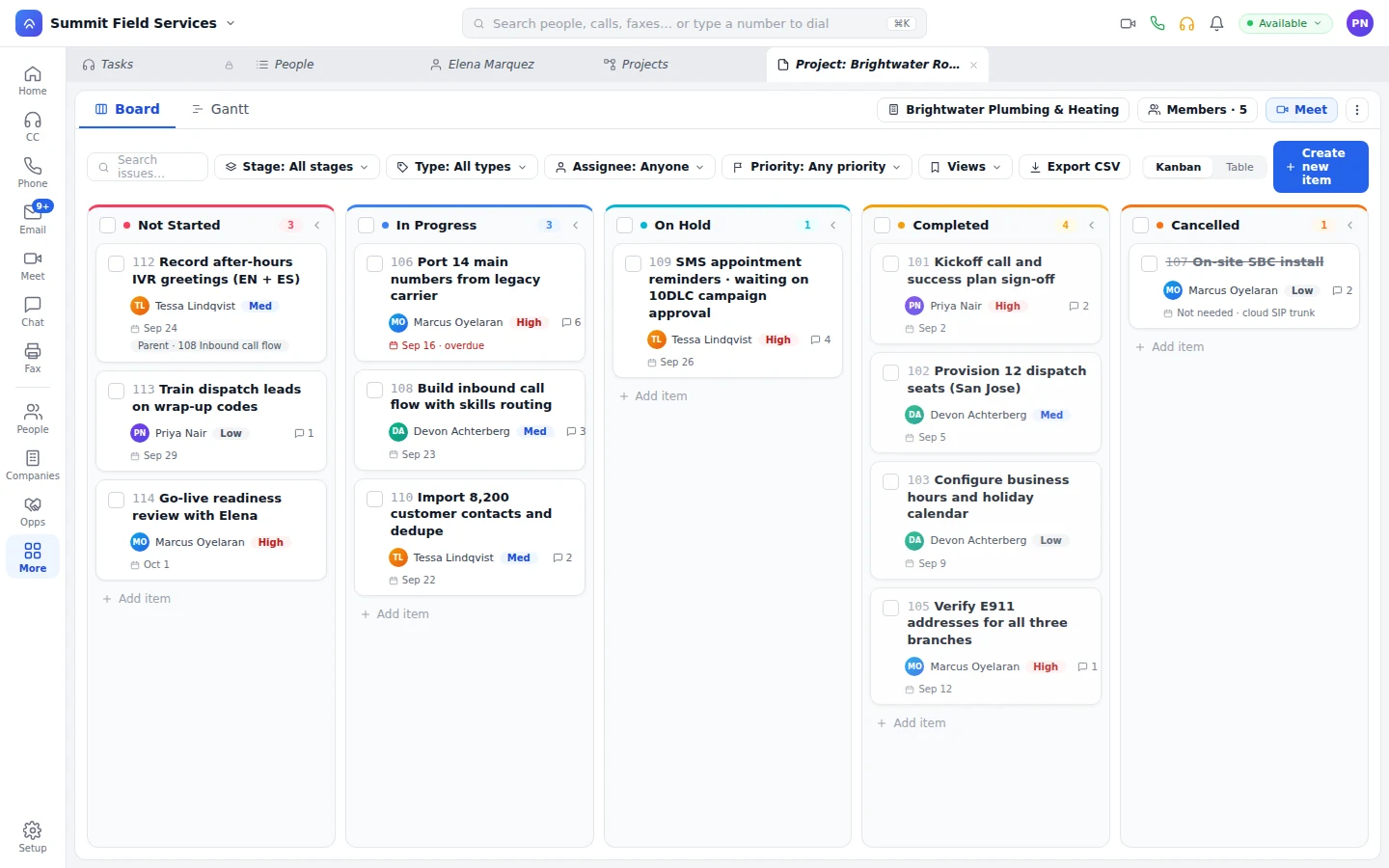 Project board with items by stage, owner, and priority