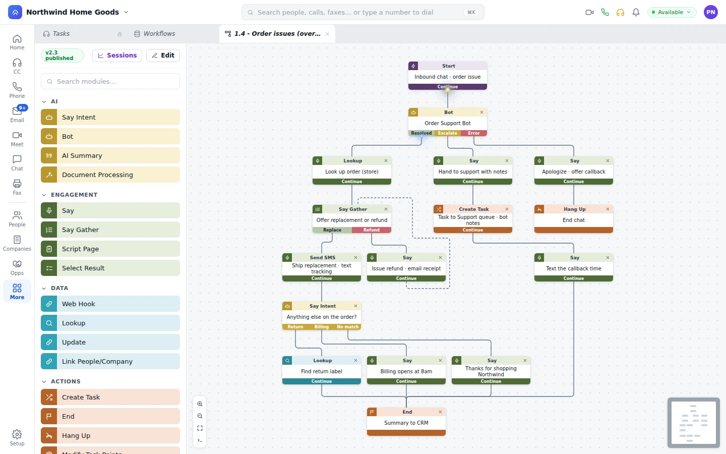 A workflow where the Order Support Bot looks up the order and offers a replacement or refund